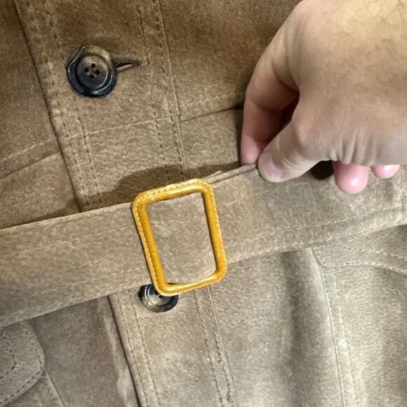 1970s Victoria Leather Suede Belted Safari Jacket Plaid Lined Canada